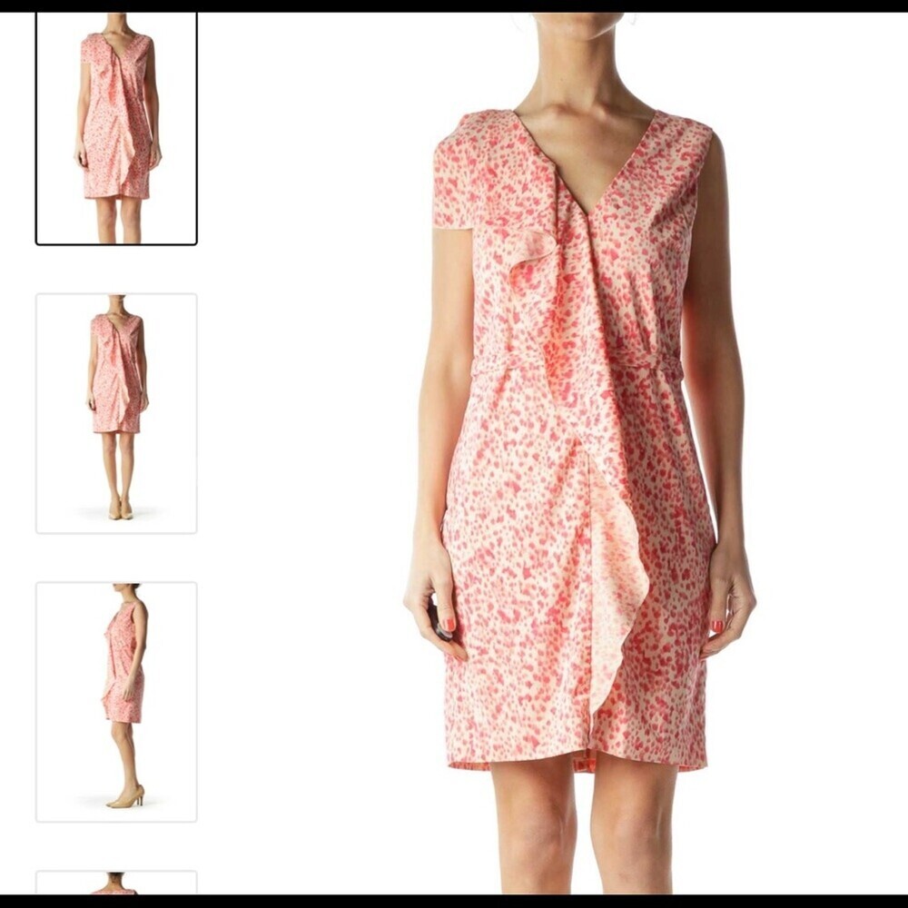 Ann Taylor Beige Pink Ruffle & Print Work Dress SZ 0 V-neck short sleeve top